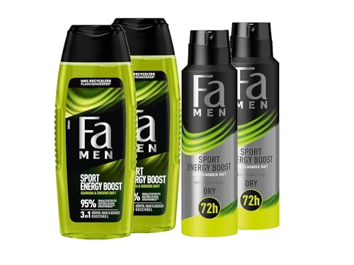Fa Men 3in1 Körper, Haar & Gesicht Duschgel Sport Energy Boost (2x 250 ml) & Deospray (2x 150 ml) Anti-Transpirant mit dem aktivierenden Duft von Ingwer & Zitrone, 72h Stunden Schutz von Fa