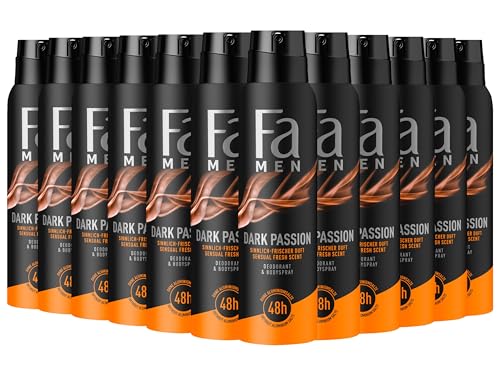 Fa Men Deodorant & Bodyspray Dark Passion (12x 150 ml), Deospray mit sinnlich-frischem Duft, Deo ohne Aluminium für bis zu 48 h Deo-Schutz, hinterlässt keine Deo-Rückstände von Fa