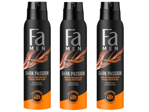 Fa Men Deodorant & Bodyspray Dark Passion (3x 150 ml), Deospray mit sinnlich-frischem Duft, Deo ohne Aluminium für bis zu 48 h Deo-Schutz, hinterlässt keine Deo-Rückstände von Fa
