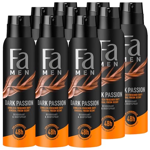 Fa Men Deodorant & Bodyspray Dark Passion (9x 150 ml), Deospray mit sinnlich-frischem Duft, Deo ohne Aluminium für bis zu 48 h Deo-Schutz, hinterlässt keine Deo-Rückstände von Fa