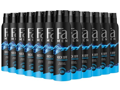Fa Men Deodorant & Bodyspray Kick Off (12x 150 ml), Deospray mit aktivierend-frischen Duft, Deo ohne Aluminium für bis zu 48 h Deo-Schutz, hinterlässt keine Deo-Rückstände von Fa