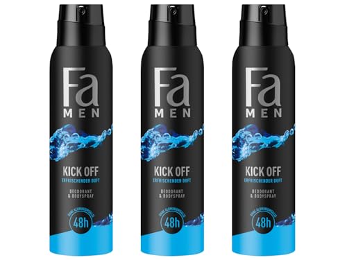 Fa Men Deodorant & Bodyspray Kick Off (3x 150 ml), Deospray mit aktivierend-frischen Duft, Deo ohne Aluminium für bis zu 48 h Deo-Schutz, hinterlässt keine Deo-Rückstände von Fa