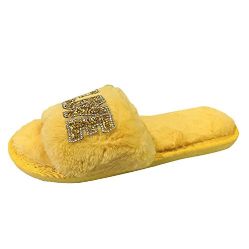 Hausschuhe Damen Schlappen Weich Fuzzy Plüsch Pailletten Strassstein Mode Patschen Flache Weiche Warme Schlappen House Slippers Winter Fluffy Pantoffeln Filzpantoffeln von FaLkin