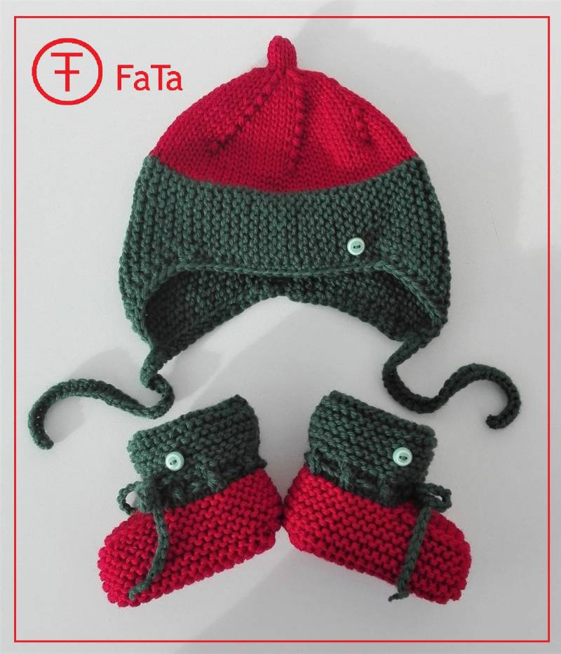 Baby - Set, Taufset, Mütze Und Babyschuhe Aus Merinowolle in Grün-Rot von FaTaHandarbeit