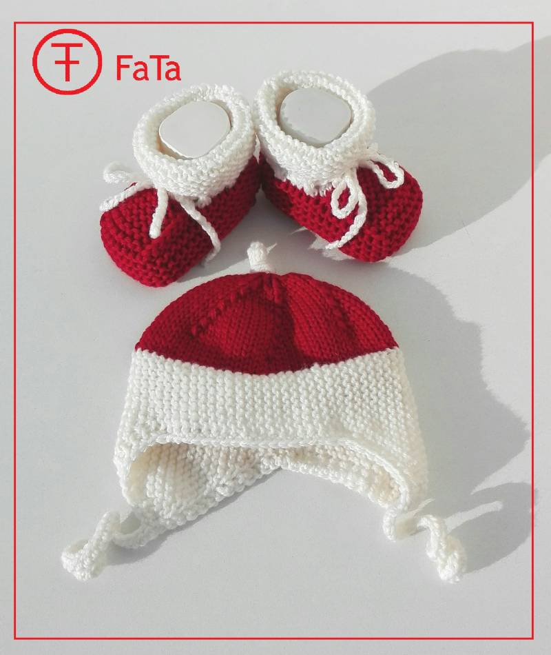 Baby - Set, Taufset, Mütze Und Babyschuhe Weiß-Rot, Aus Merinowolle Gestrickt von FaTaHandarbeit