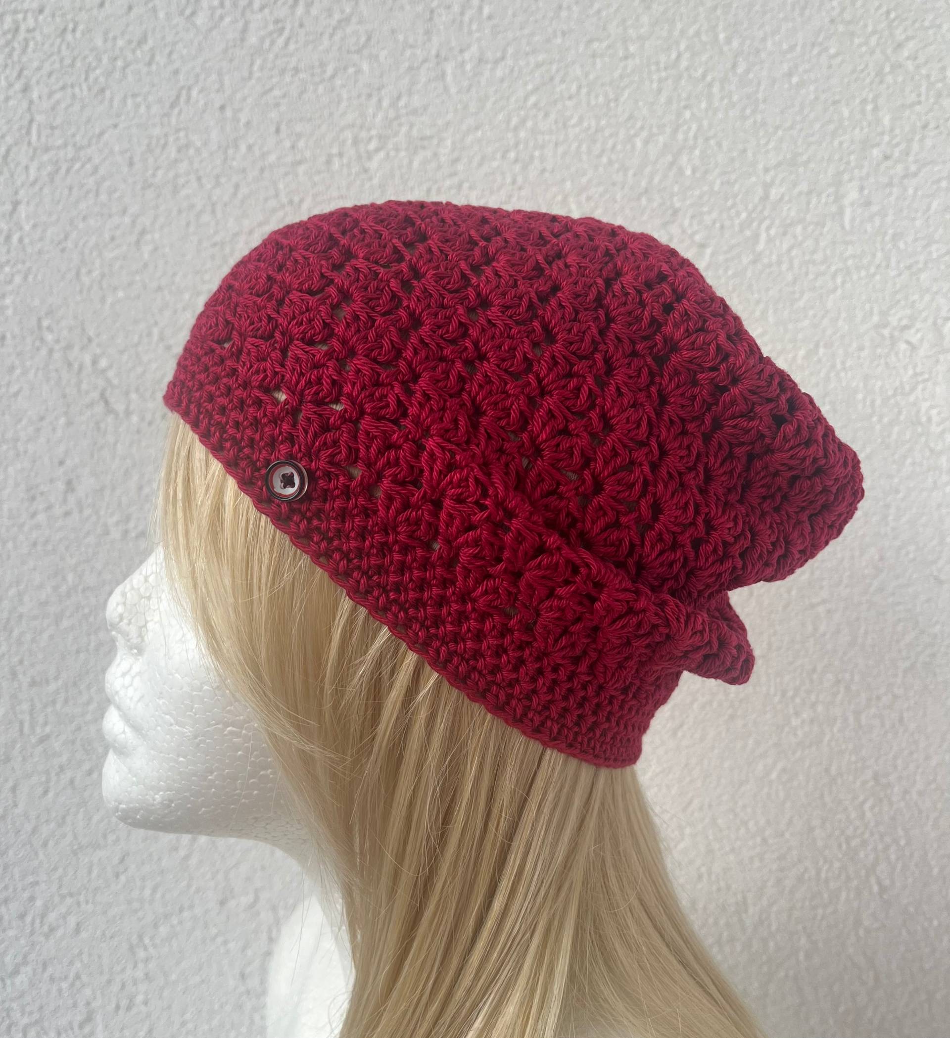 Mütze, Long Beanie, Häkelmütze, Baumwollmütze, Weinrot von FaTaHandarbeit