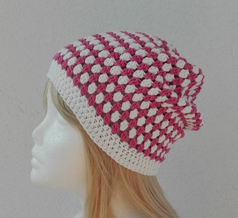 Mütze Häkelmütze Baumwolle Gehäkelt, Weiß Mit 4 Farben Zum Auswahl von FaTaHandarbeit