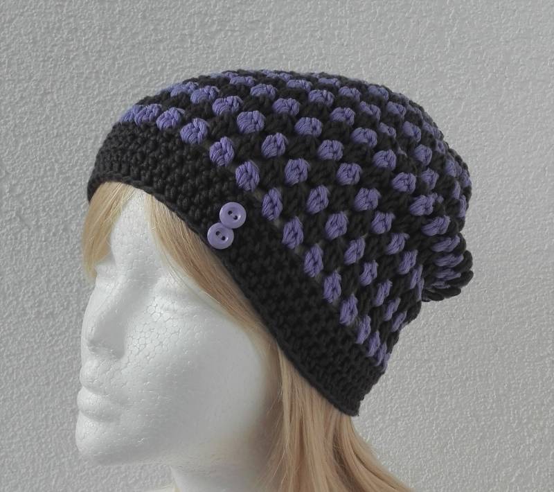 Mütze Häkelmütze in Anthrazit - Violett Gehäkelt von FaTaHandarbeit