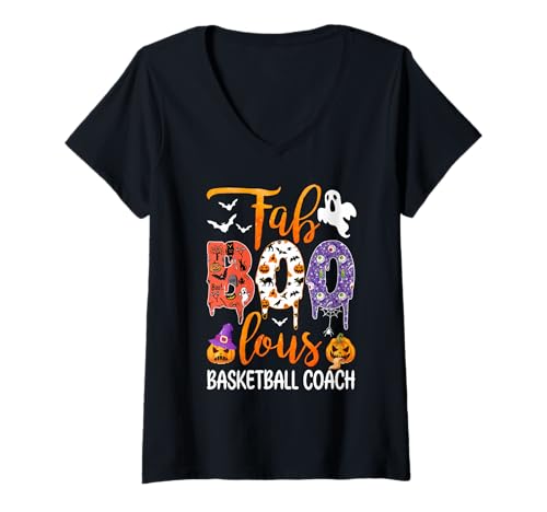 Damen Fab Boo Lous Basketball Coach Boo Ghost Kürbis Halloween T-Shirt mit V-Ausschnitt von Fab Boo Lous Halloween Costume