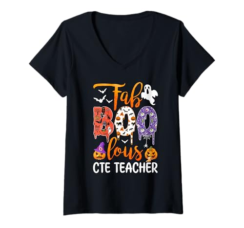 Damen Fab Boo Lous CTE Teacher Boo Ghost Kürbis Halloween T-Shirt mit V-Ausschnitt von Fab Boo Lous Halloween Costume
