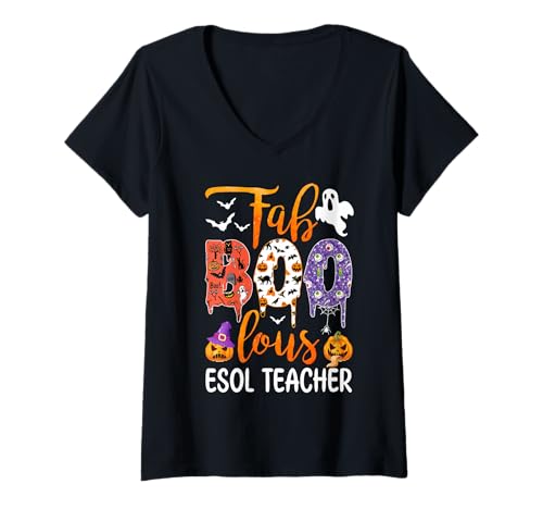 Damen Fab Boo Lous ESOL Teacher Boo Ghost Kürbis Halloween T-Shirt mit V-Ausschnitt von Fab Boo Lous Halloween Costume