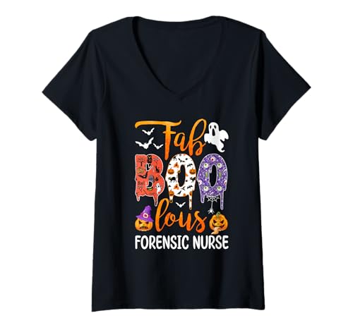Damen Fab Boo Lous Forensic Nurse Boo Ghost Kürbis Halloween T-Shirt mit V-Ausschnitt von Fab Boo Lous Halloween Costume