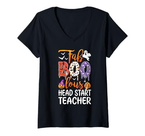 Damen Fab Boo Lous Head Start Teacher Boo Ghost Kürbis Halloween T-Shirt mit V-Ausschnitt von Fab Boo Lous Halloween Costume