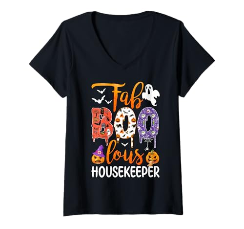 Damen Fab Boo Lous Housekeeper Boo Ghost Kürbis Halloween T-Shirt mit V-Ausschnitt von Fab Boo Lous Halloween Costume