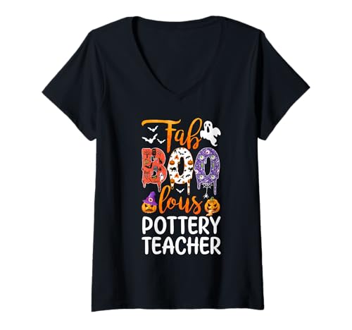 Damen Fab Boo Lous Pottery Teacher Boo Ghost Kürbis Halloween T-Shirt mit V-Ausschnitt von Fab Boo Lous Halloween Costume