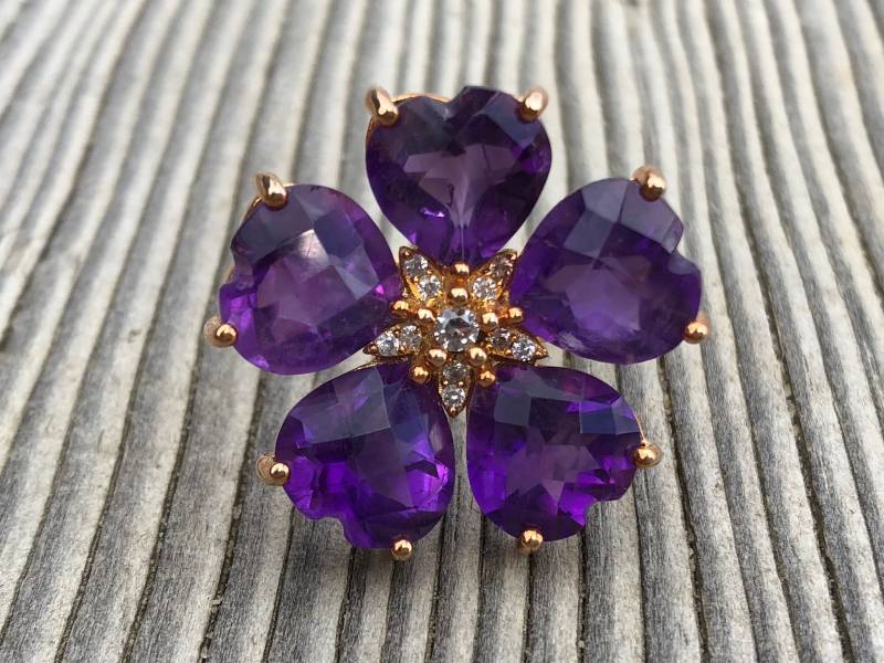 Signiert Kjc Sterling Silber Rose Gold Vergoldet Lila Amethyst & Weiß Topas Herz Blume Ring Größe 8 von FabFindingsNY
