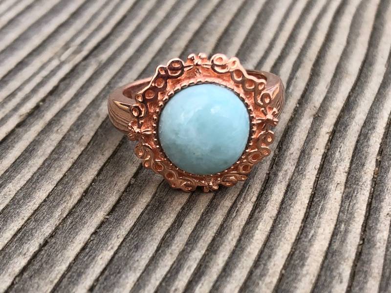 sterling Silber 925 Rose Gold Vergoldet Runde Blau Natürliche Larimar Band Ring Größe 6, 5 von FabFindingsNY