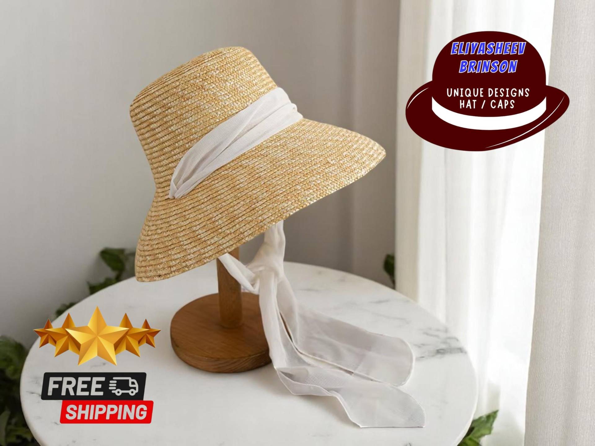 Stroh Bonnet Hut Mit Schleife Krawatte | Flat Top Breiter Krempe Sommer Strand Reise Zubehör Leichte Kopfbedeckung Für Damen von FabHatsAndUnicaps