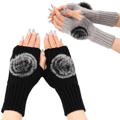 Fabchik 2 Paar Armstulpen Damen Pulswärmer Strick Halb Fingerlose Handschuhe für Handgelenk mit Daumenloch (Schwarz*Grau) von Fabchik