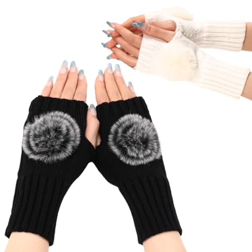 Fabchik 2 Paar Armstulpen Damen Pulswärmer Strick Halb Fingerlose Handschuhe für Handgelenk mit Daumenloch (Schwarz*Weiß) von Fabchik