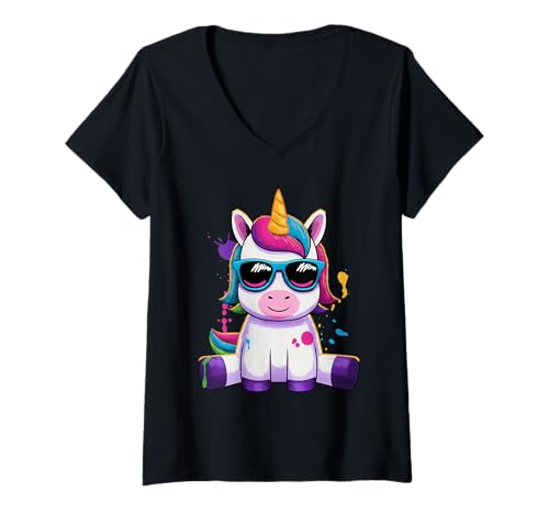 Damen Fabelwesen Märchen Pferd Fantasie Buntes Einhorn T-Shirt mit V-Ausschnitt Damen Fabelwesen Märchen Pferd Fantasie Buntes Einhorn T-Shirt mit V-Ausschnitt von Fabeltier Sonnenbrille Farbenfrohes Einhorn Motiv