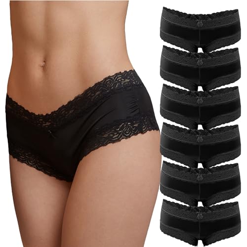 Fabio Farini - 6er Pack Damen Panties Hipster mit verführerischen Spitzendetails - Frauen Unterhosen Brazilian Slips Brasil Spitze Set Unterwäsche 6X Schwarz 36-38 von Fabio Farini