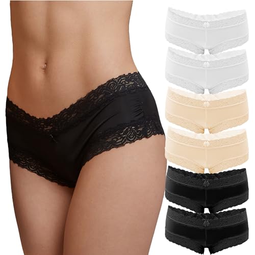 Fabio Farini - 6er Pack Damen Panties Hipster mit verführerischen Spitzendetails - Frauen Unterhosen Brazilian Slips Brasil Spitze Set Unterwäsche 2X Weiß/2x Schwarz/2x Apricot 36-38 von Fabio Farini