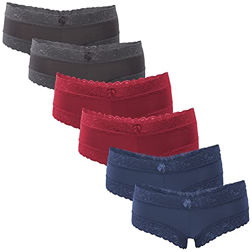 Fabio Farini 6er Pack Damen Panties Hipster mit verführerischen Spitzendetails - Frauen Unterhosen Brazilian Slips Brasil Spitze Set Unterwäsche 2X Blau/2x Rot/2x Grau 36-38 von Fabio Farini