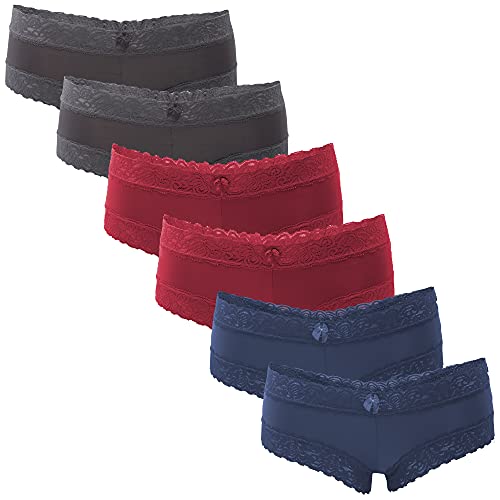Fabio Farini - 6er Pack Damen Panties Hipster mit verführerischen Spitzendetails - Frauen Unterhosen Brazilian Slips Brasil Spitze Set Unterwäsche 2X Blau/2x Rot/2x Grau 40-42 von Fabio Farini