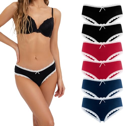 Fabio Farini 6 Stück Damen Hipster Baumwoll Unterhosen Frauen Höschen Slips Panties Unterwäsche mit Spitze Sets Pack - Hotpants Brazilian mehrpack Multifarb Set mit weißer Spitze 36 von Fabio Farini