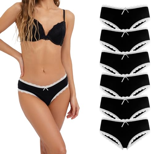 Fabio Farini 6 Stück Damen Hipster Baumwoll Unterhosen Frauen Höschen Slips Panties Unterwäsche mit Spitze Sets Pack - Hotpants Brazilian mehrpack 6X Schwarz mit weißer Spitze 40 von Fabio Farini