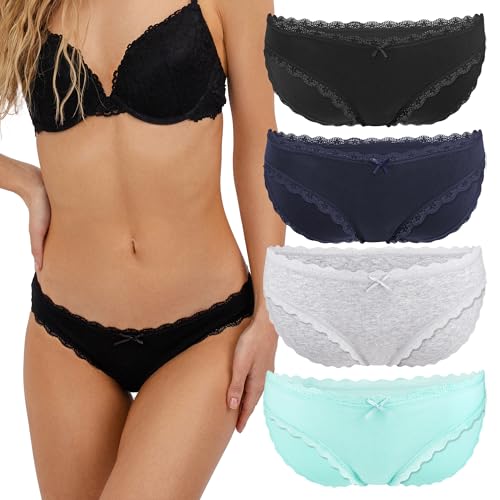 Fabio Farini Damen Pantys Bikini-Slips 4er & 6er Pack Mehrere Farben und Größen, 95% atmungsaktive Baumwolle XL 4er Pack Mit Spitze Schwarz Blau Grau Türkis von Fabio Farini