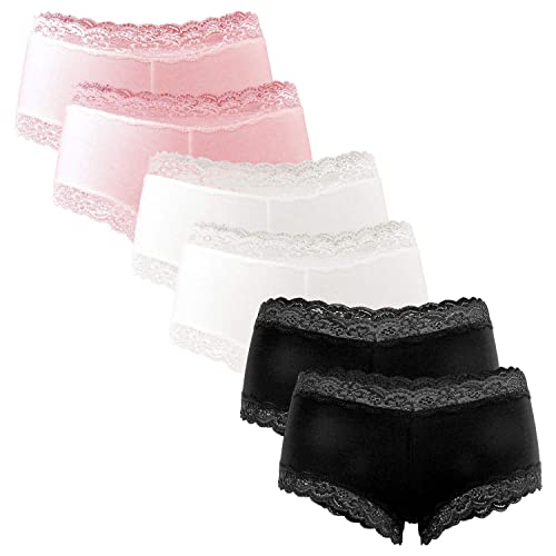 Fabio Farini 6 Stück Damen Hipster Baumwoll Unterhosen Frauen Höschen Slips Panties Unterwäsche mit Spitze Sets Pack - Hotpants Brazilian mehrpack 2X Rosa/2x Weiß/2x Schwarz 38 von Fabio Farini