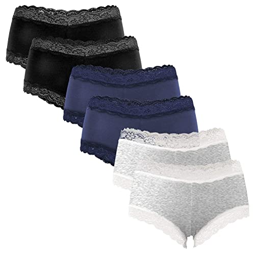 Fabio Farini 6 Stück Damen Hipster Baumwoll Unterhosen Frauen Höschen Slips Panties Unterwäsche mit Spitze Sets Pack - Hotpants Brazilian mehrpack 2X Schwarz/2x Blau/2x Grau Melange 36 von Fabio Farini