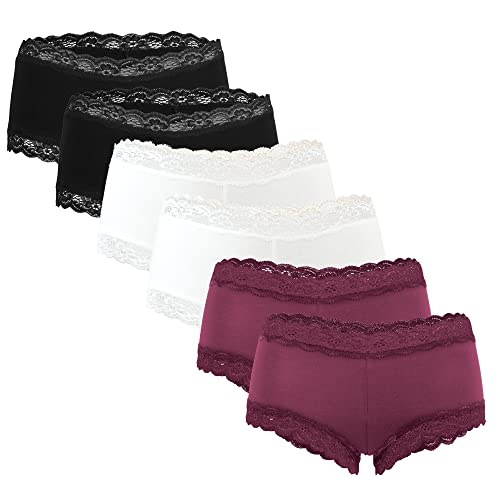 Fabio Farini 6 Stück Damen Hipster Baumwoll Unterhosen Frauen Höschen Slips Panties Unterwäsche mit Spitze Sets Pack - Hotpants Brazilian mehrpack 2X Schwarz/2x Weiß/2x Beere 36 von Fabio Farini