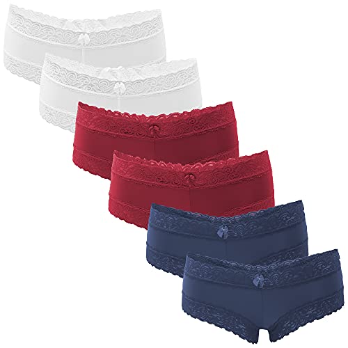 Fabio Farini 6er Pack Damen Panties Hipster mit verführerischen Spitzendetails - Frauen Unterhosen Brazilian Slips Brasil Spitze Set Unterwäsche 2X Weiß/2x Blau/2x Rot 36-38 von Fabio Farini