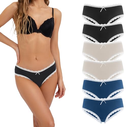 Fabio Farini 6 Stück Damen Hipster Baumwoll Unterhosen Frauen Höschen Slips Panties Unterwäsche mit Spitze Sets Pack - Hotpants Brazilian mehrpack 2X Blau/2x Grau/2x Apricot mit weißer Spitze 42 von Fabio Farini