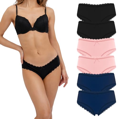 Fabio Farini 6 Stück Damen Hipster Baumwoll Unterhosen Frauen Höschen Slips Panties Unterwäsche mit Spitze Sets Pack - Hotpants Brazilian mehrpack 2X Schwarz/2x Dunkelblau/2x Apricot 36 von Fabio Farini