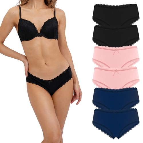 Fabio Farini - 6 Stück Damen Hipster Baumwoll Unterhosen Frauen Höschen Slips Panties Unterwäsche Spitze Sets Pack - Hotpants Brazilian mehrpack 2X Schwarz/2x Dunkelblau/2x Apricot 42 von Fabio Farini