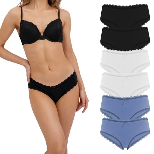 Fabio Farini 6 Stück Damen Hipster Baumwoll Unterhosen Frauen Höschen Slips Panties Unterwäsche mit Spitze Sets Pack - Hotpants Brazilian mehrpack 2X Weiß/2x Schwarz/2x Hellblau 36 von Fabio Farini