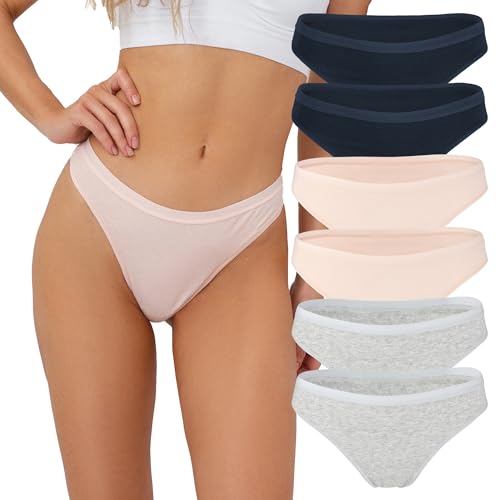 Fabio Farini 6er-Set Baumwoll Damen Strings Tangas Unterwäsche - Frauen Thong Unterhosen in Größe S-XL 2X Dunkelblau/2x Grau/2x Rosa L von Fabio Farini