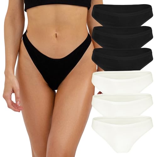 Fabio Farini - 6er-Set Baumwoll Damen Strings Tangas Unterwäsche - Frauen Thong Unterhosen in Größe S-XL 3X Schwarz/3x Creme-Weiß XL von Fabio Farini