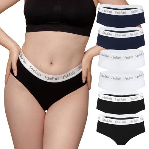 Fabio Farini Damen Pantys 6er Pack Frauen Hipster Panties Set aus Baumwolle, mit weiß abgesetztem Bund Multifarb Set L von Fabio Farini