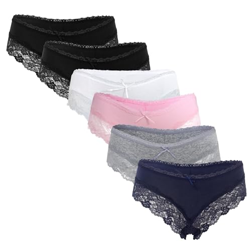 Fabio Farini 6er Set Damen Unterhosen aus bequemer Baumwolle - Frauen Hipster Panty mit feiner, sexy Spitze, Slip Unterwäsche Mehrpack, Schwarz, Weiß, Rosa, Grau, Blau Multifarb Set 36 von Fabio Farini