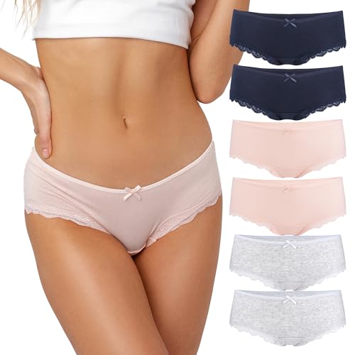 Fabio Farini 6er Set Brazilian Slip Damen Unterhosen aus Baumwolle, Hipster Pantys mit Spitze, Unterwäsche für Frauen im Mehrpack, 2X Dunkelblau/2x Grau/2x Rosa L von Fabio Farini