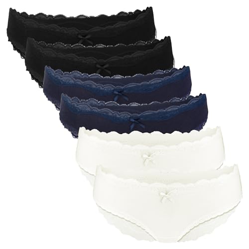 Fabio Farini 6er Set Brazilian Slip Damen Unterhosen aus Baumwolle, Hipster Pantys mit Spitze, Unterwäsche für Frauen im Mehrpack, 2X Schwarz/2x Dunkelblau/2xWeiß L von Fabio Farini