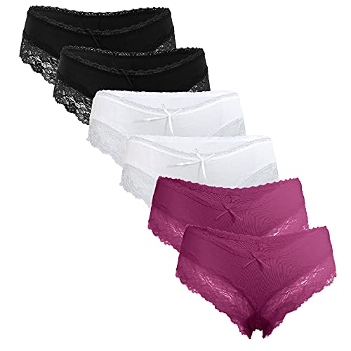 Fabio Farini 6er Set Damen Unterhosen aus bequemer Baumwolle - Frauen Hipster Panty mit feiner, sexy Spitze, Slip Unterwäsche Mehrpack, 2X Schwarz/2x Weiß/2x Beere 36 von Fabio Farini