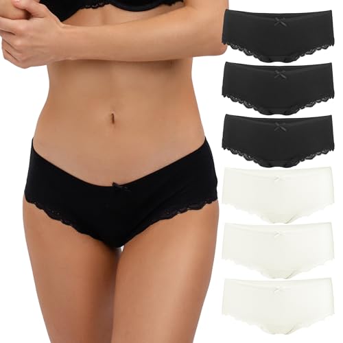 Fabio Farini 6er Set Brazilian Slip Damen Unterhosen aus Baumwolle, Hipster Pantys mit Spitze, Unterwäsche für Frauen im Mehrpack, 3X Schwarz/3x Creme-Weiß L von Fabio Farini