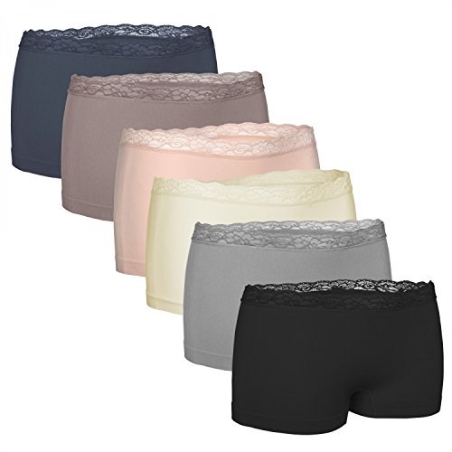 Fabio Farini Damen Panties 6er Pack nahtlos Boxershorts, Seamless, Boxershorts mit Spitzen-Besatz, aus weicher Microfaser Multifarb Set L von Fabio Farini