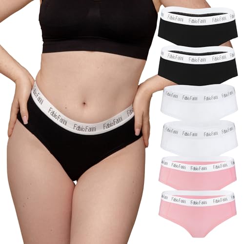 Fabio Farini Damen Pantys 6er Pack Frauen Hipster Panties Set aus Baumwolle, mit weiß abgesetztem Bund 2X Schwarz/2x Weiß/2x Rosa XL von Fabio Farini